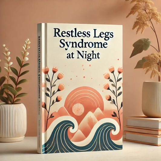 Book cover for Restless Legs Syndrome at Night featuring a warm, soft color palette with serene, calming imagery of flowers and waves.