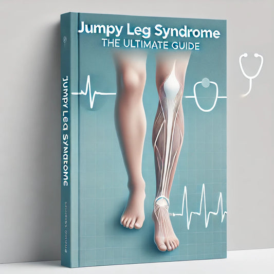 Cover of 'Jumpy Leg Syndrome The Ultimate Guide' depicting legs with anatomical details and medical icons, in a clinical design.