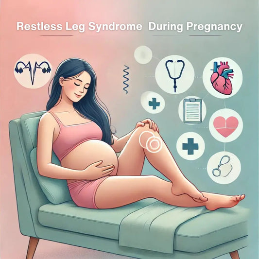 Pregnant woman massaging leg on a chair, surrounded by medical icons, illustrating Restless Leg Syndrome (RLS) during pregnancy.