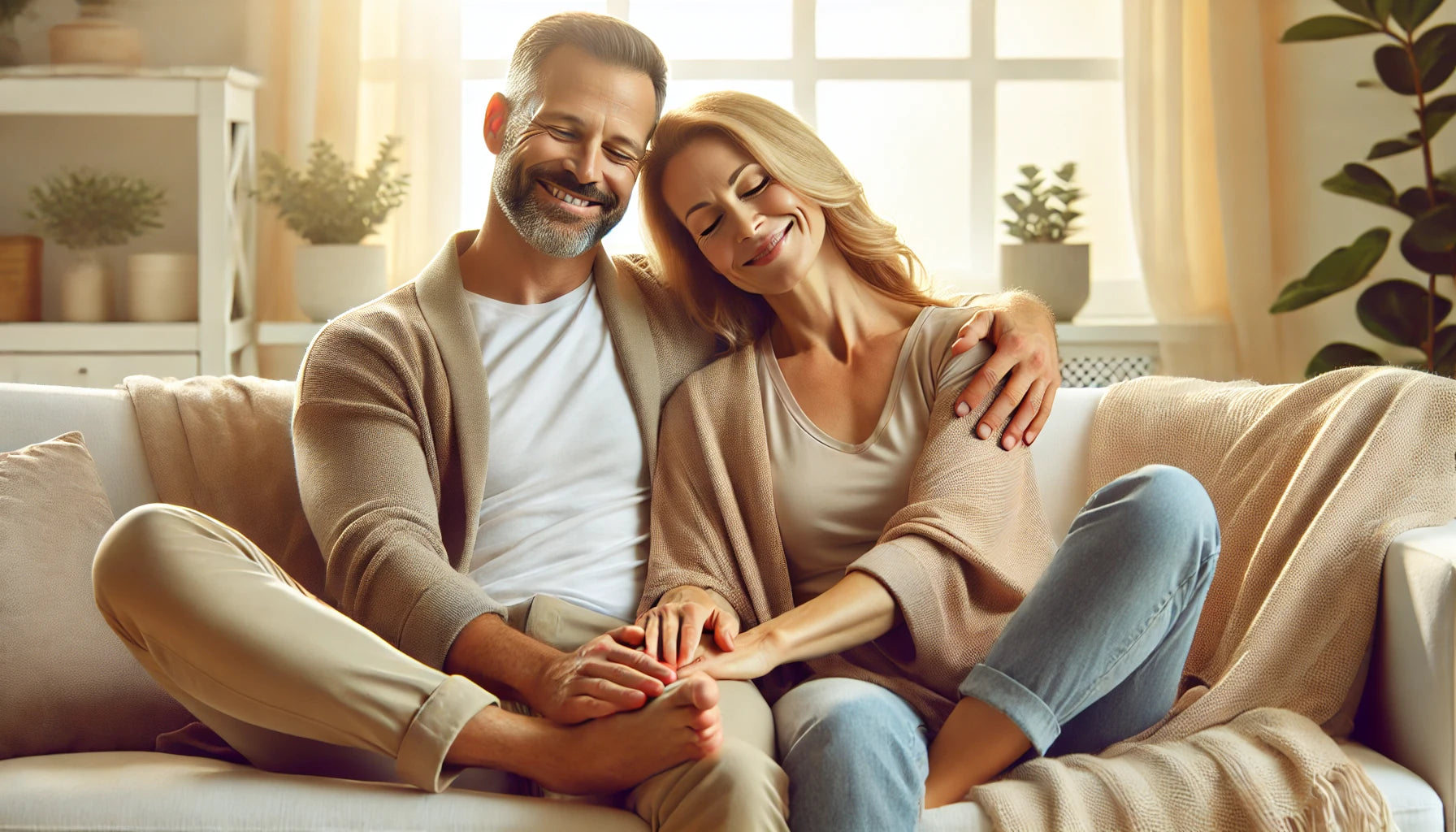 A_happy_and_relaxed_couple_in_their_40s_enjoying_the_present_moment_in_a_realistic_setting_with_a_white_background_They_understand_and_manage_restless_legs_syndrome.